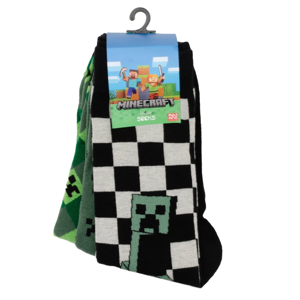 Men's Minecraft socks set in pack, black-and-white checker with creeper graphic