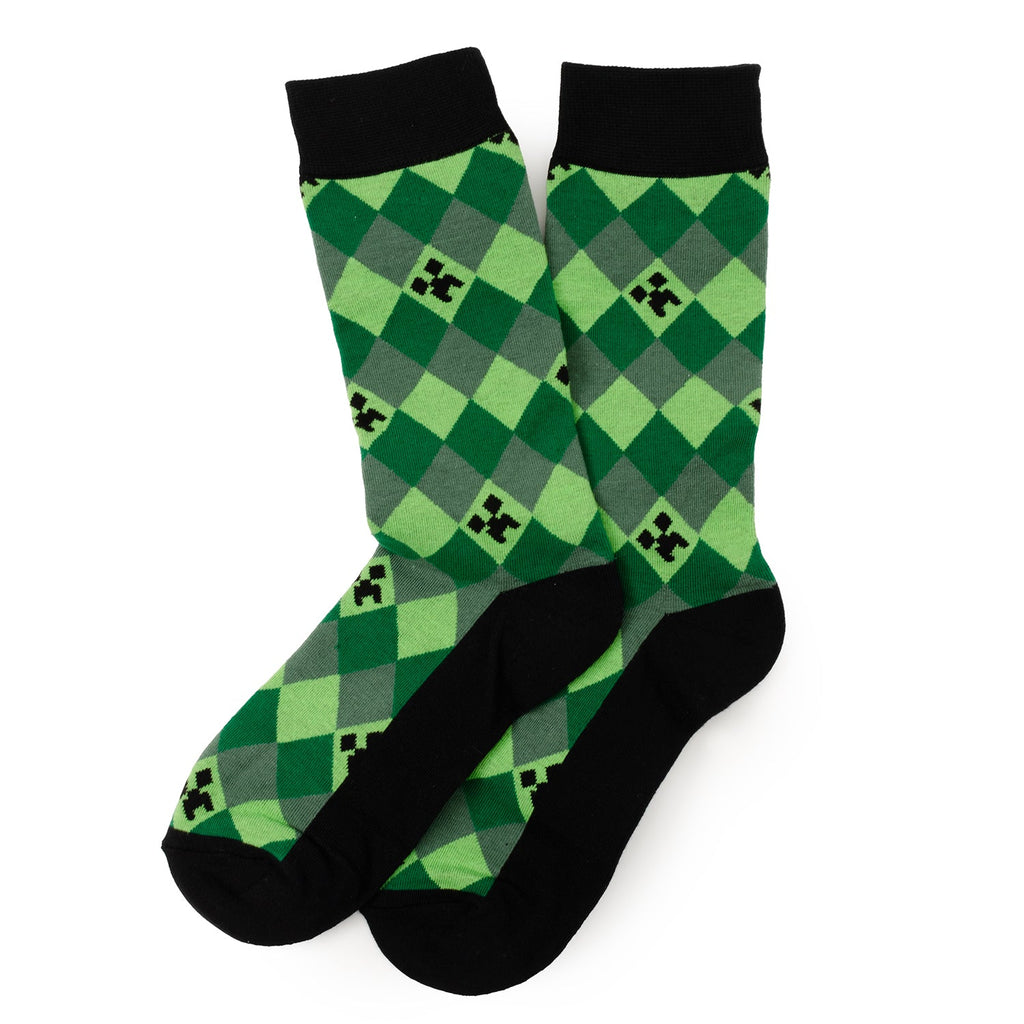 Minecraft Creeper men's socks pair, green diamond pattern with black heel and toe