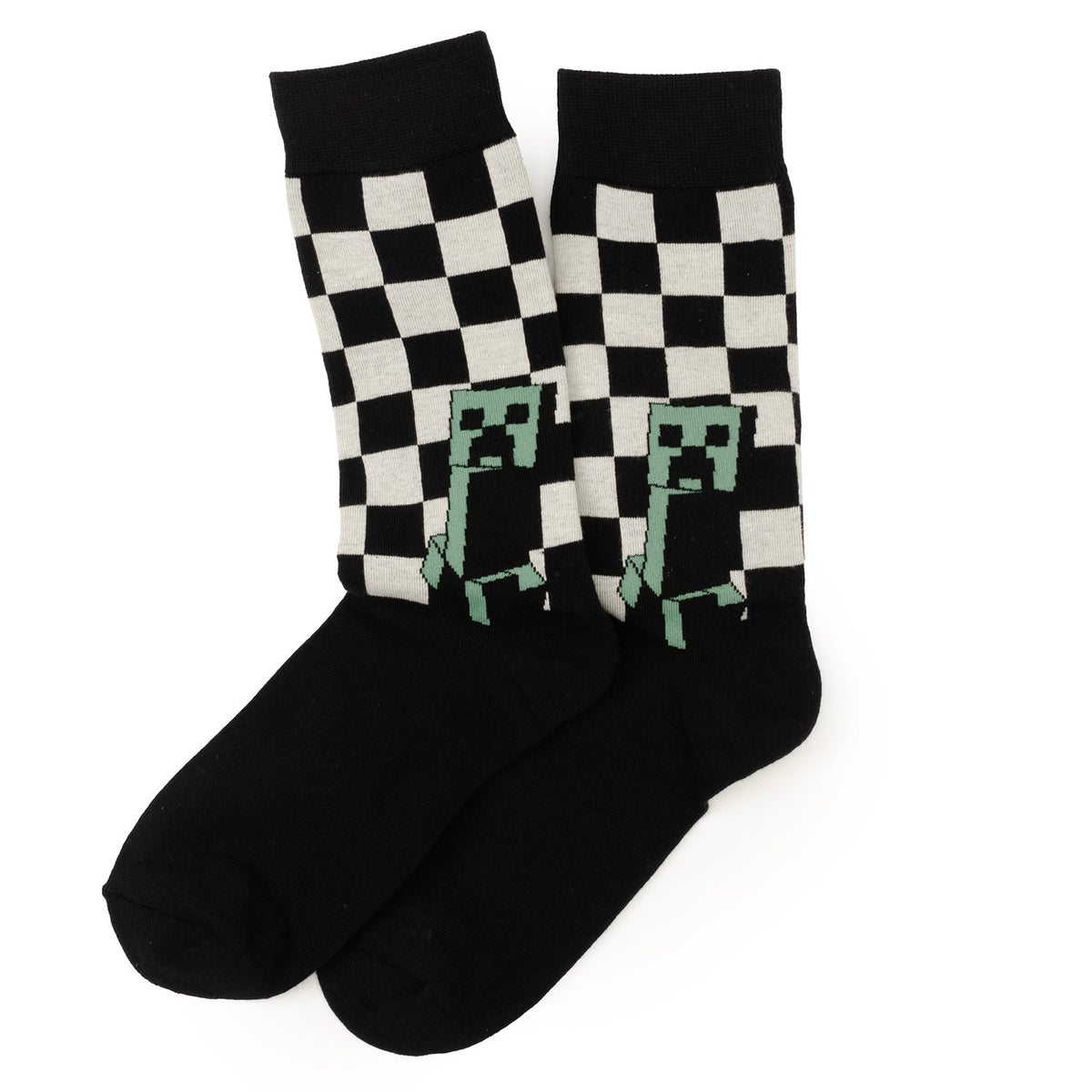 Minecraft Creeper men's socks pair, black and white check pattern with green pixel Creeper
