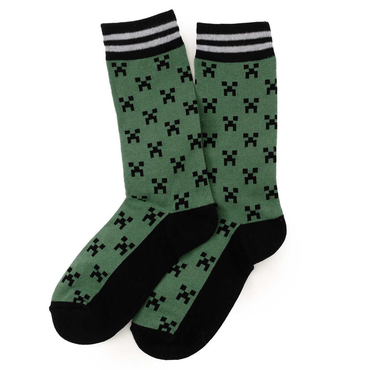 Minecraft Creeper men's socks pair, green pixel pattern with black toe and heel