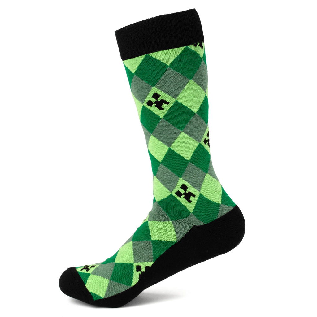 Minecraft Creeper men's sock, green argyle diamond pattern with black pixel icon