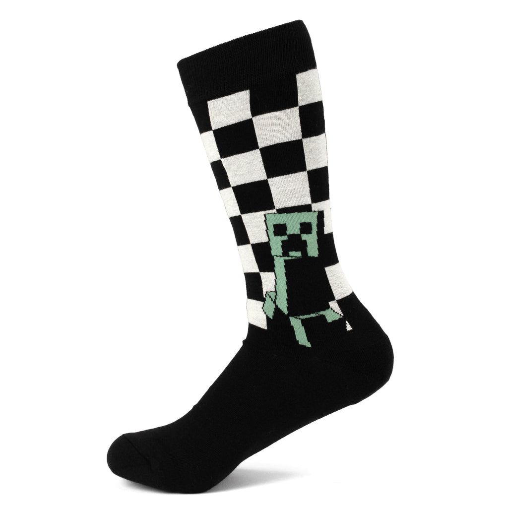 Minecraft Creeper men's sock, black and white checker pattern with green Creeper graphic