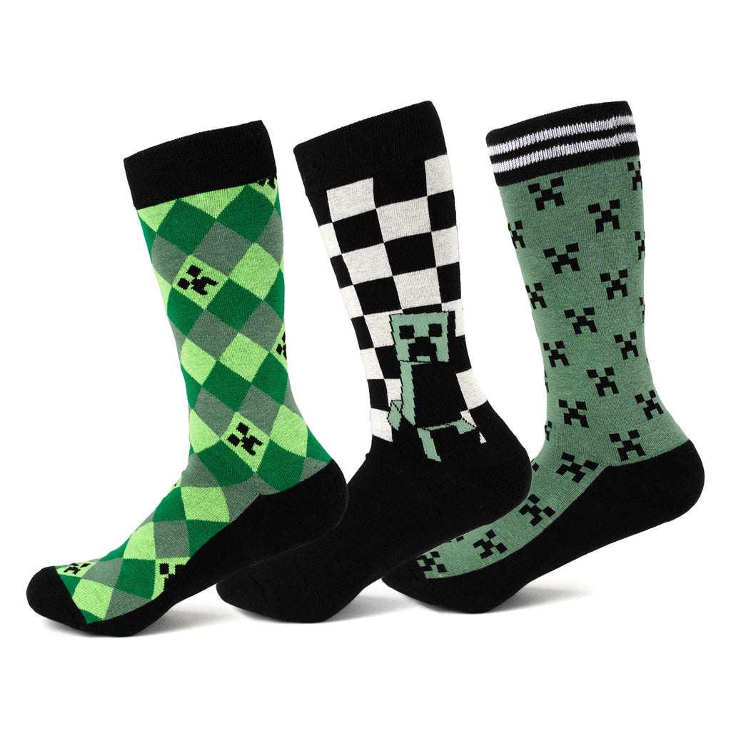 Minecraft Creeper men's sock set of 3 pairs: green argyle, black/white check, pixel pattern