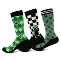 Minecraft Creeper men's sock set of 3 pairs: green argyle, black/white check, pixel pattern