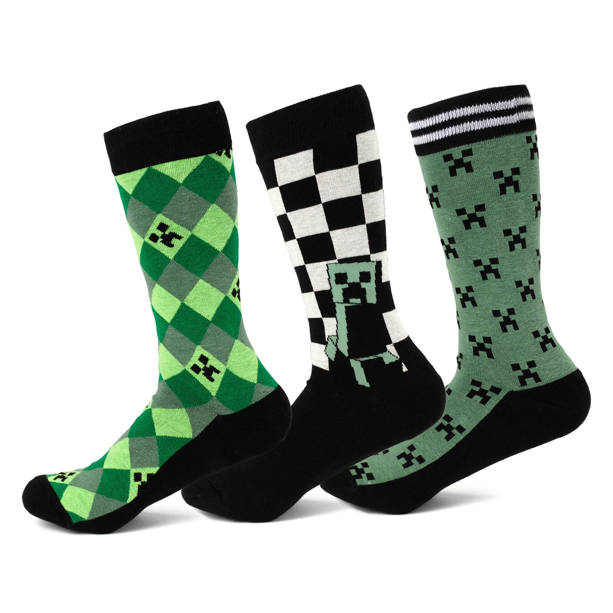 Minecraft Creeper men's sock set of 3 pairs: green argyle, black/white check, pixel pattern