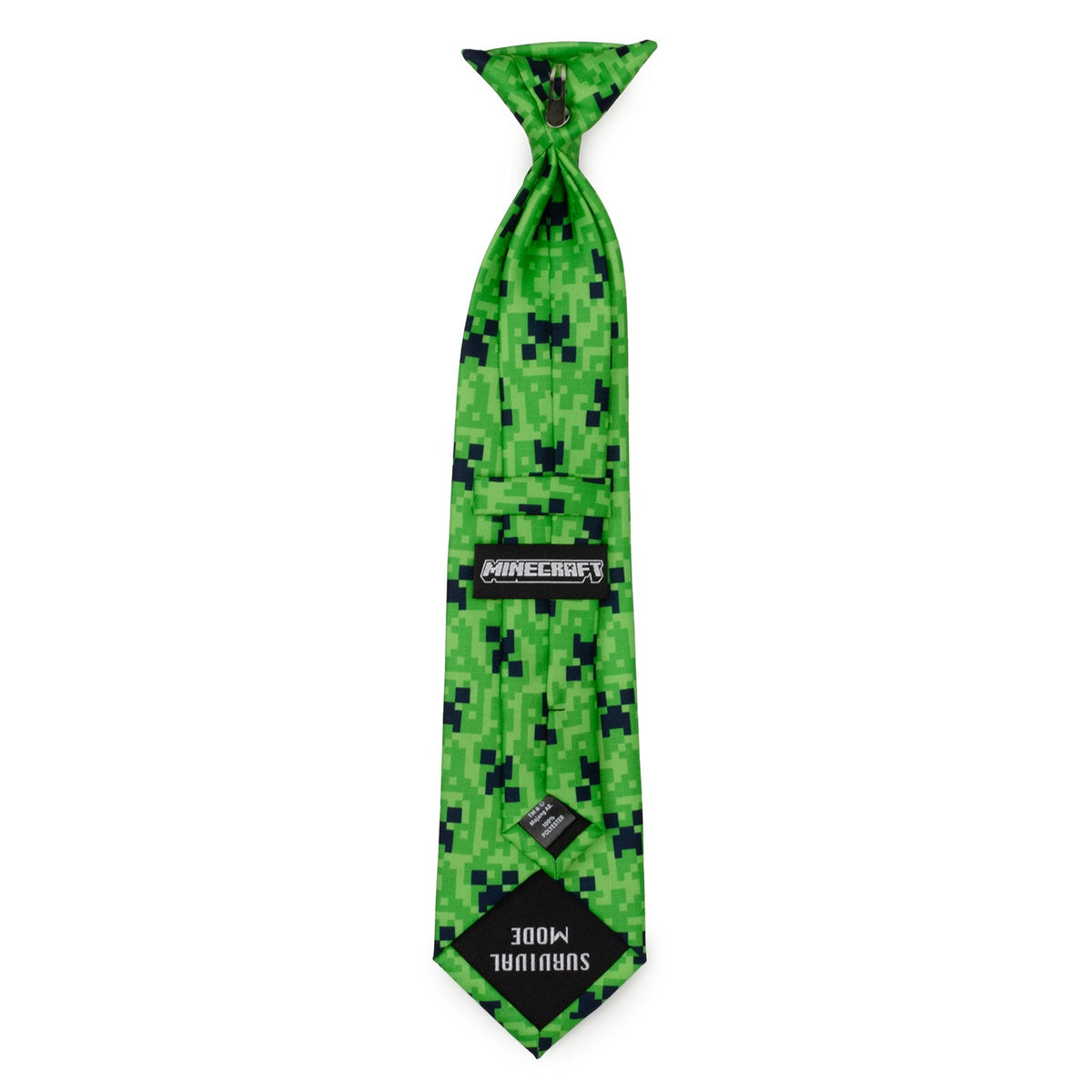 Green Minecraft logo tie with creeper pixel design and pointed tip