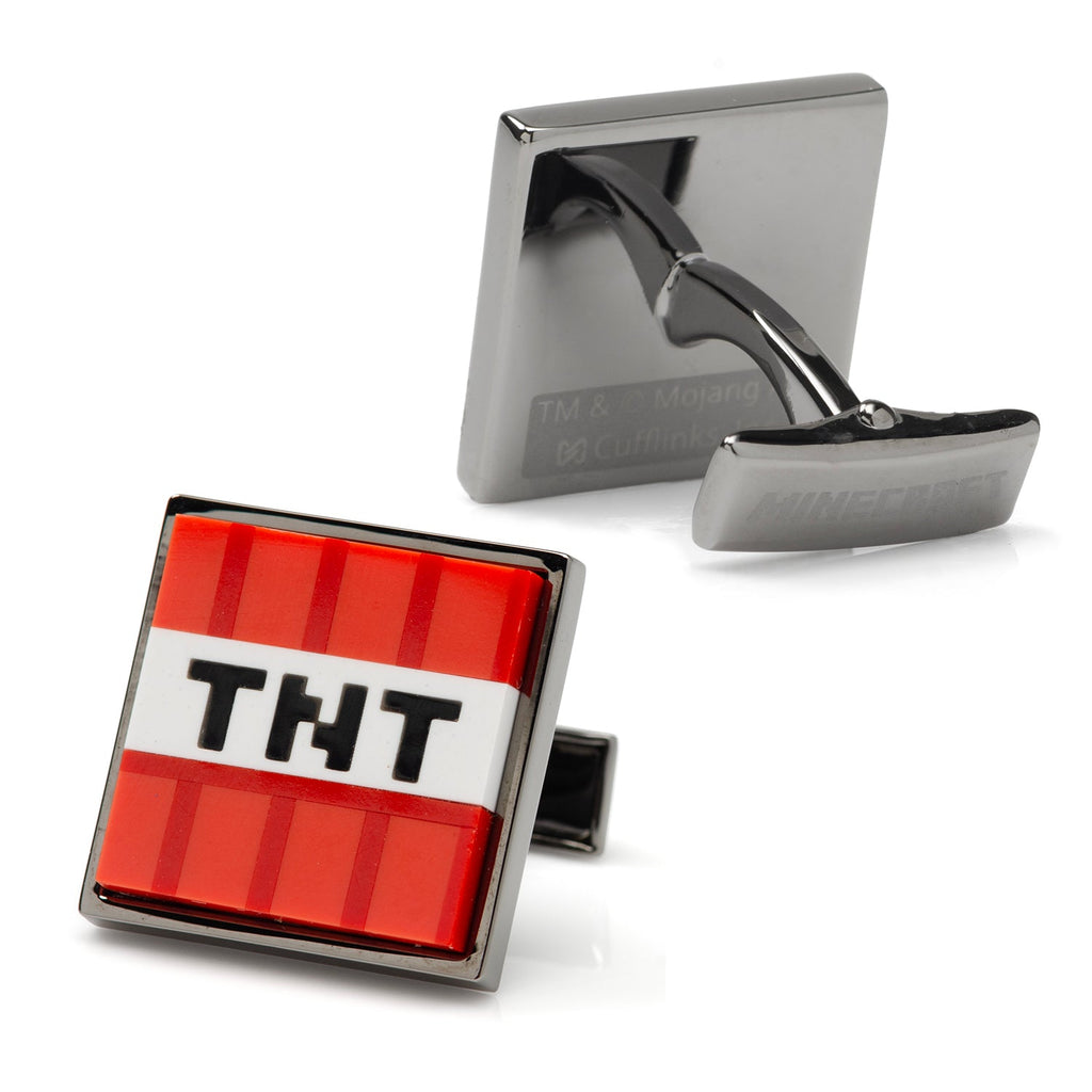 Red TNT enamel gunmetal cufflinks in a silver presentation box