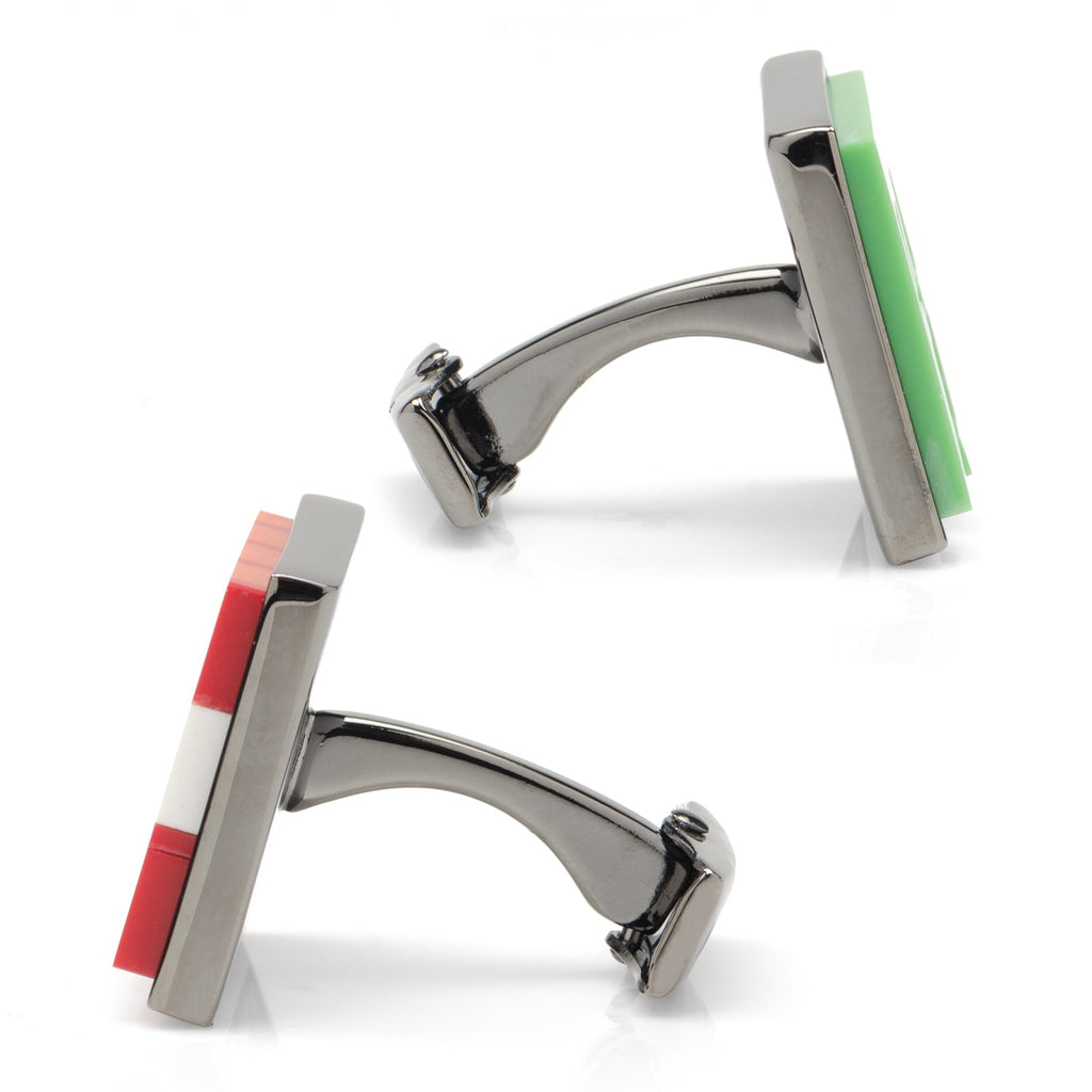 Gunmetal cufflinks with red TNT and green Creeper fronts, side view