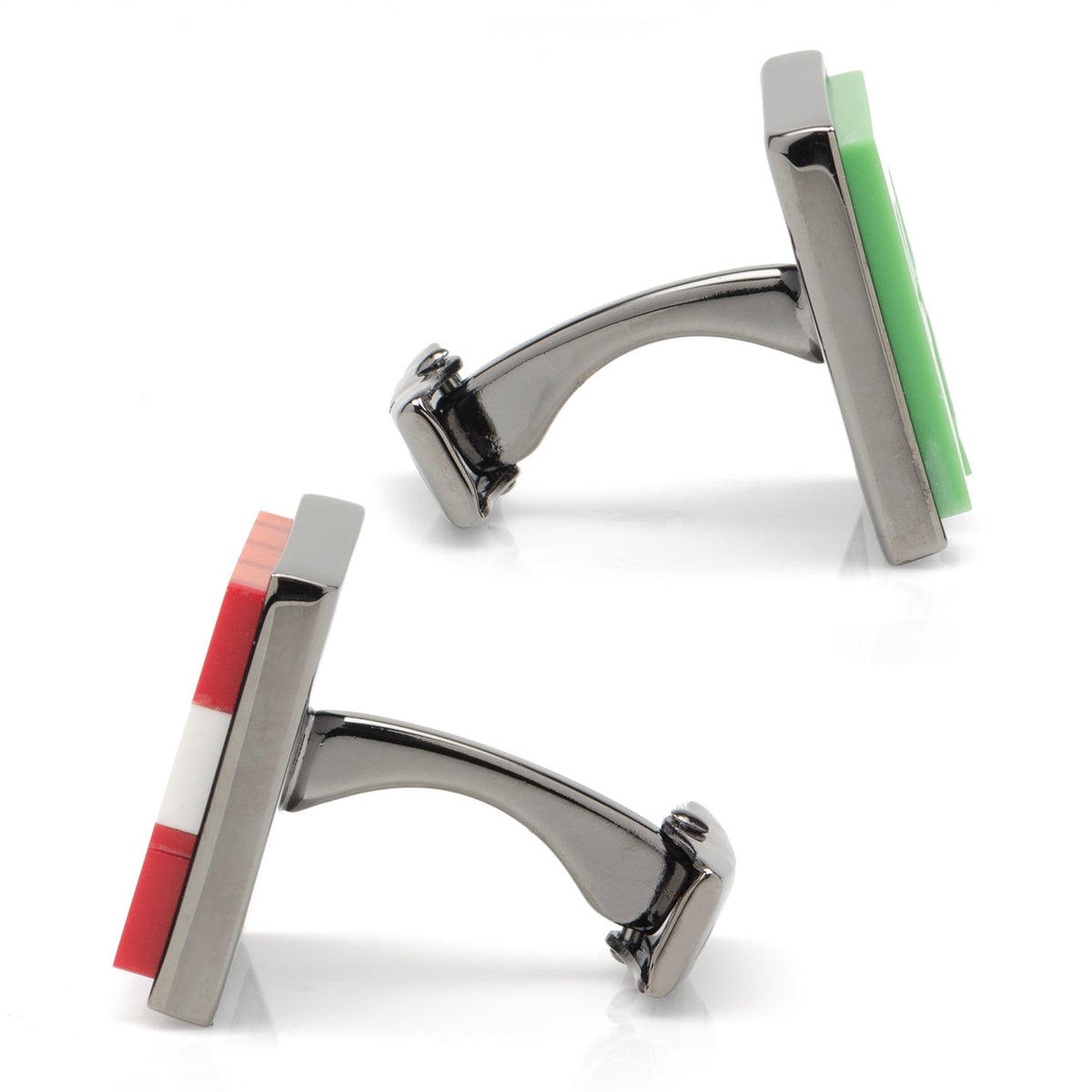 Gunmetal cufflinks with red TNT and green Creeper fronts, side view