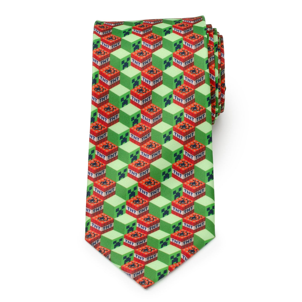 Green novelty necktie with repeating red TNT cube and white text pattern