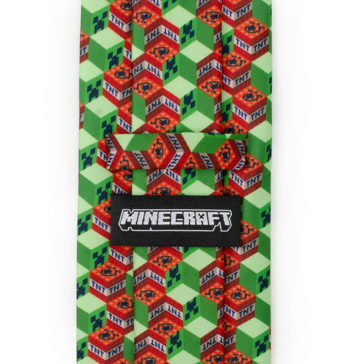 Green novelty necktie with repeating TNT blocks and a Minecraft logo label