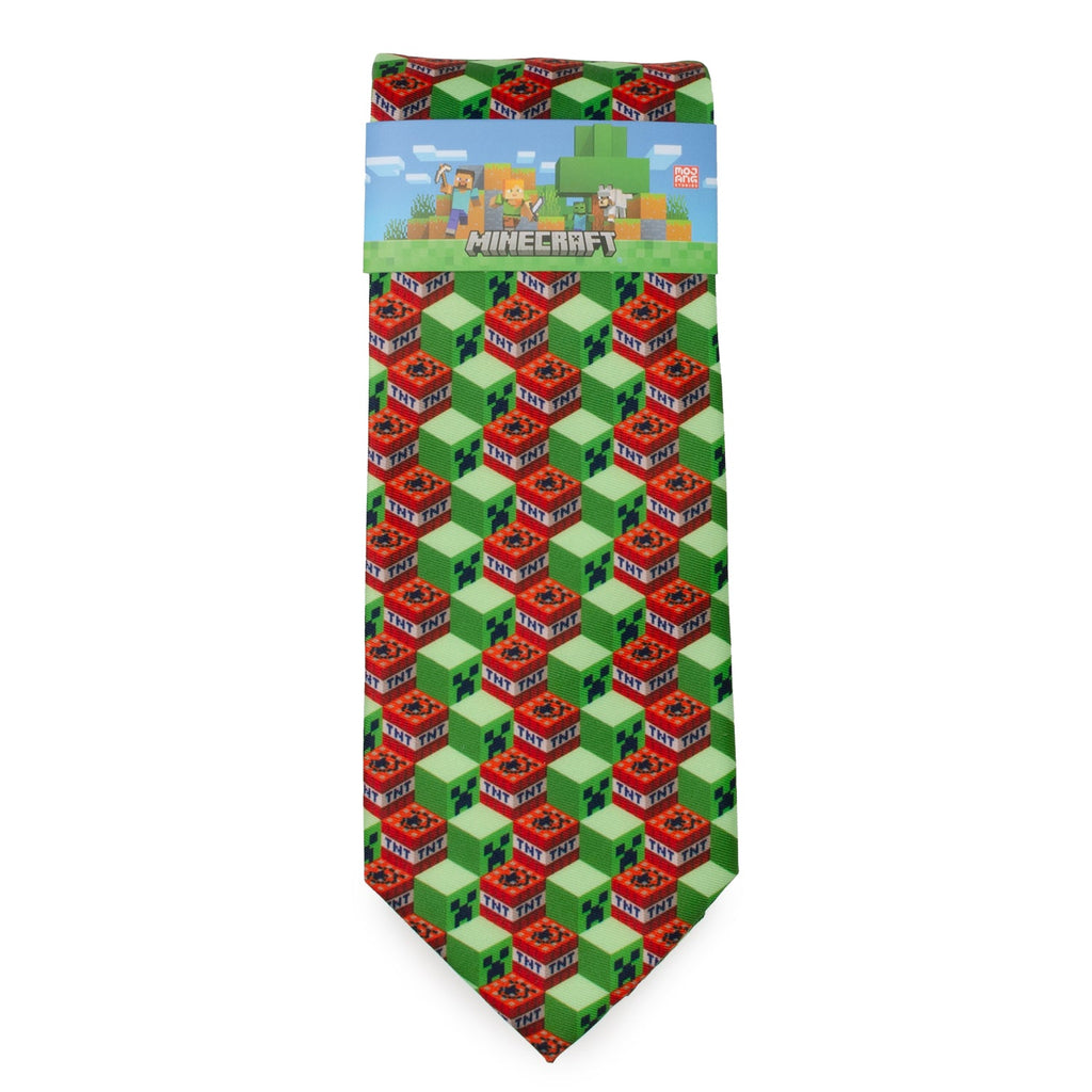 Green and red TNT block print necktie, flat view