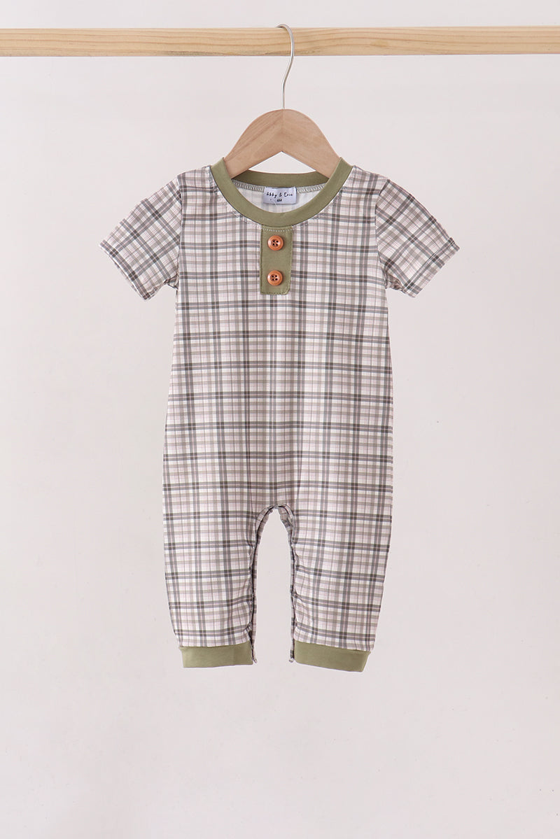 Plaid romper with olive rib-knit crew neck and two-button front placket