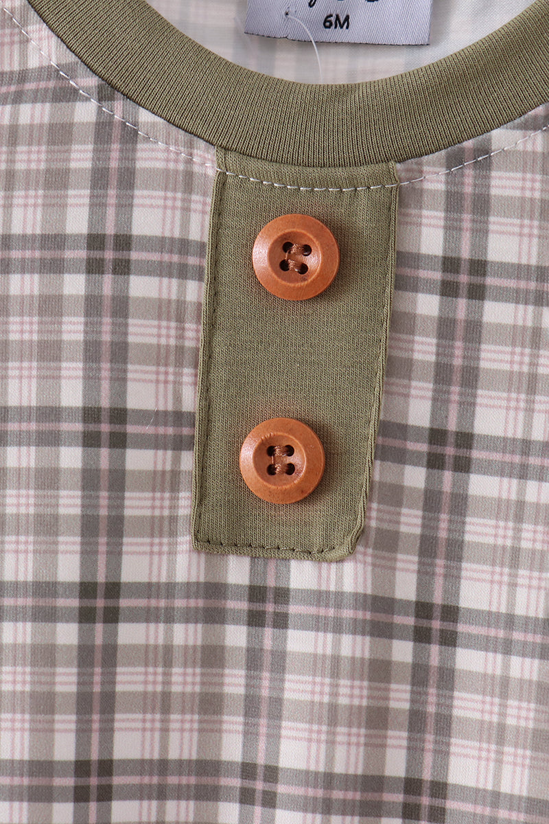 Plaid romper chest panel with olive button placket and two brown button details