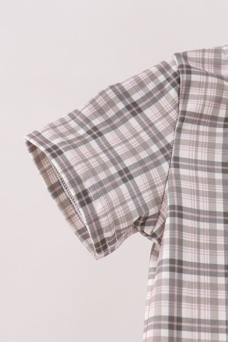 Plaid romper sleeve with olive-trim cuff and gathered shoulder seam