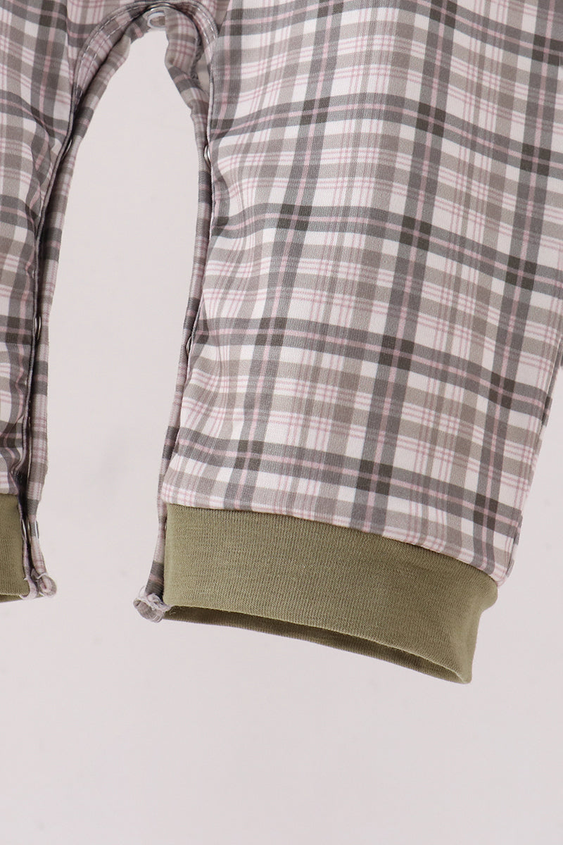 Plaid romper lower section with olive rib-knit waistband and leg cuffs