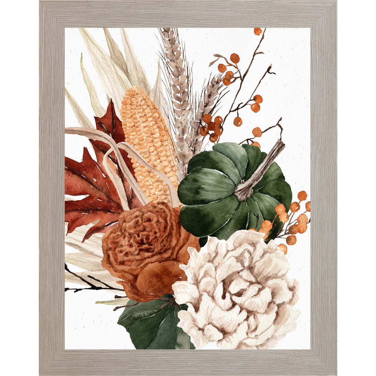 Framed watercolor autumn pumpkin, corn, wheat and foliage wall art with light gray frame