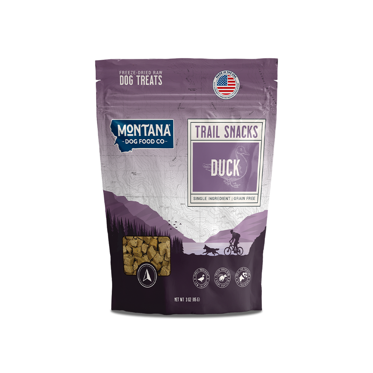 Freeze-dried raw duck dog treats pouch, dark purple Trail Snacks front label