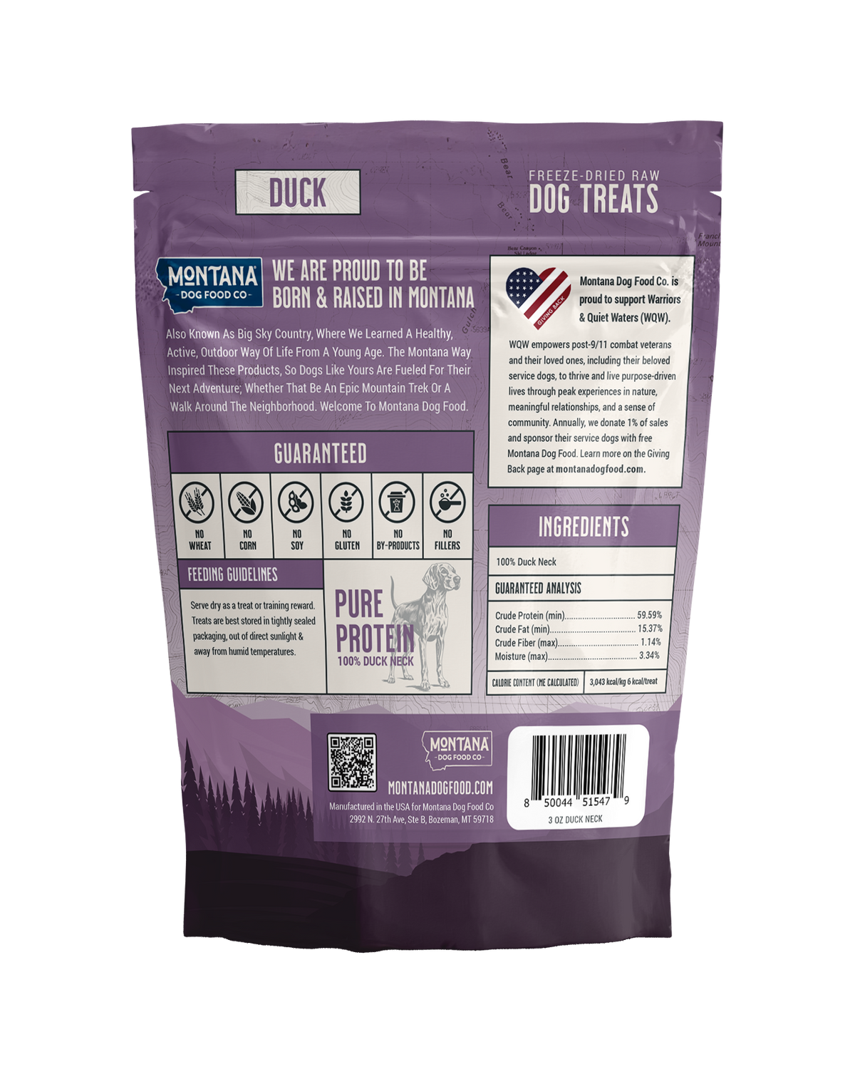 Freeze-dried raw duck dog treats pouch back with ingredients and feeding guide