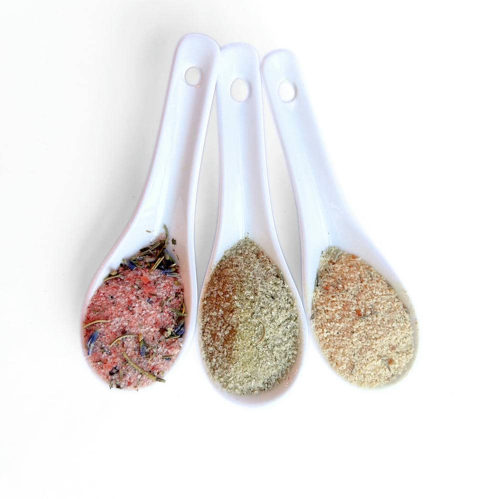Mediterranean kitchen gift set herb seasoning sample spoons with white handles.