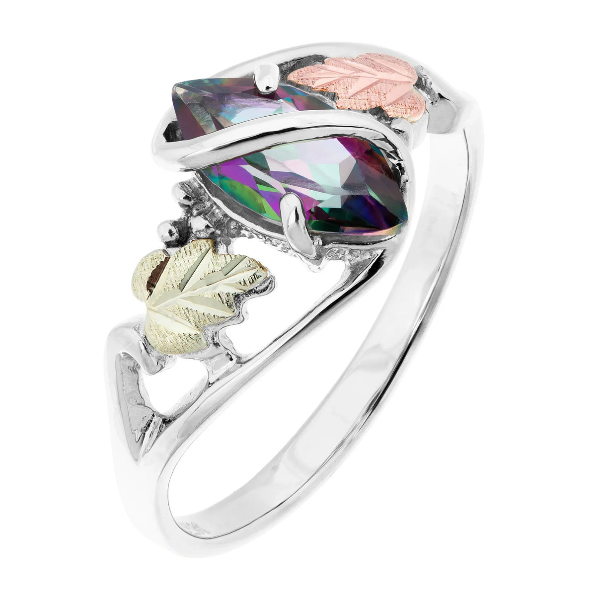 White gold ring with multicolor marquise center stone and pink leaf accent
