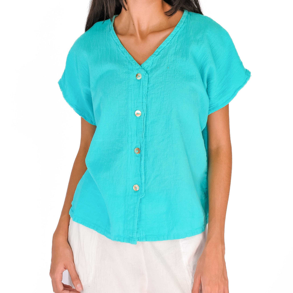 Aqua cotton gauze top with V-neck, short sleeves, and button front detail