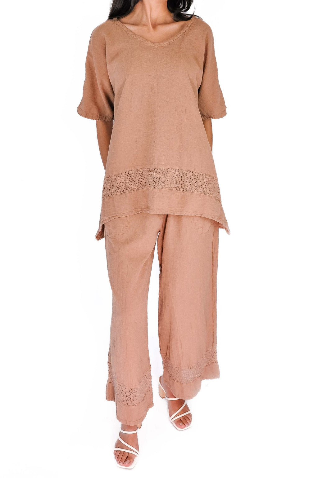 Mauve brown cotton gauze wide-leg pants with elastic waist and lace-trim hem