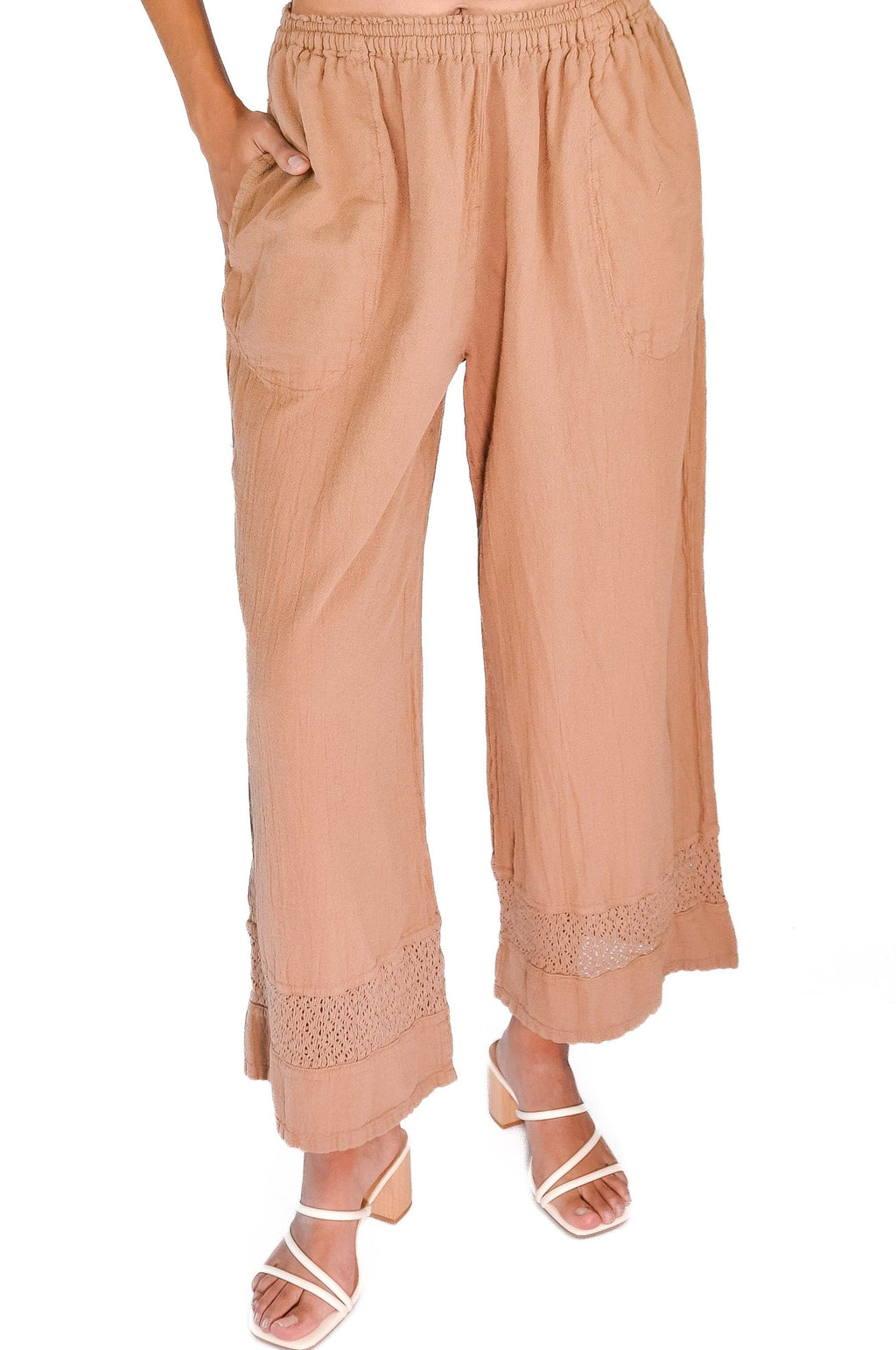 Peach pink cotton gauze wide-leg pants with elastic waist and lace-trim hem