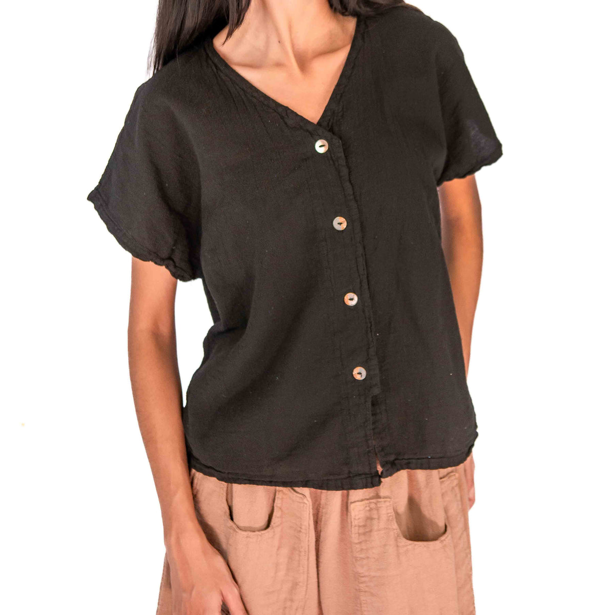 Black cotton gauze top with V-neck, short sleeves, and button front