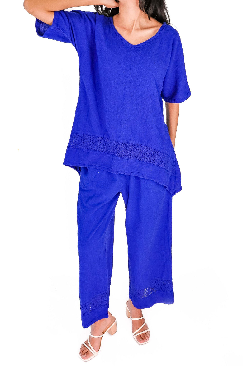 Blue cotton gauze two-piece set look: wide-leg pants with elastic waist and lace trim
