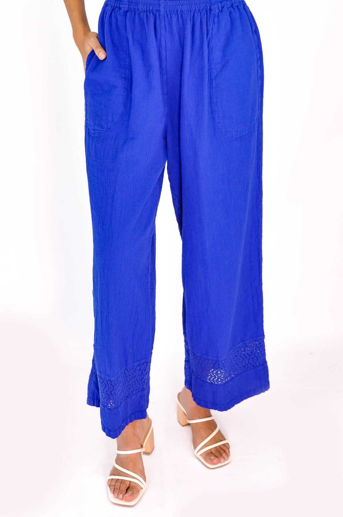 Cobalt blue cotton gauze wide-leg pants with elastic waist and lace-trim hem