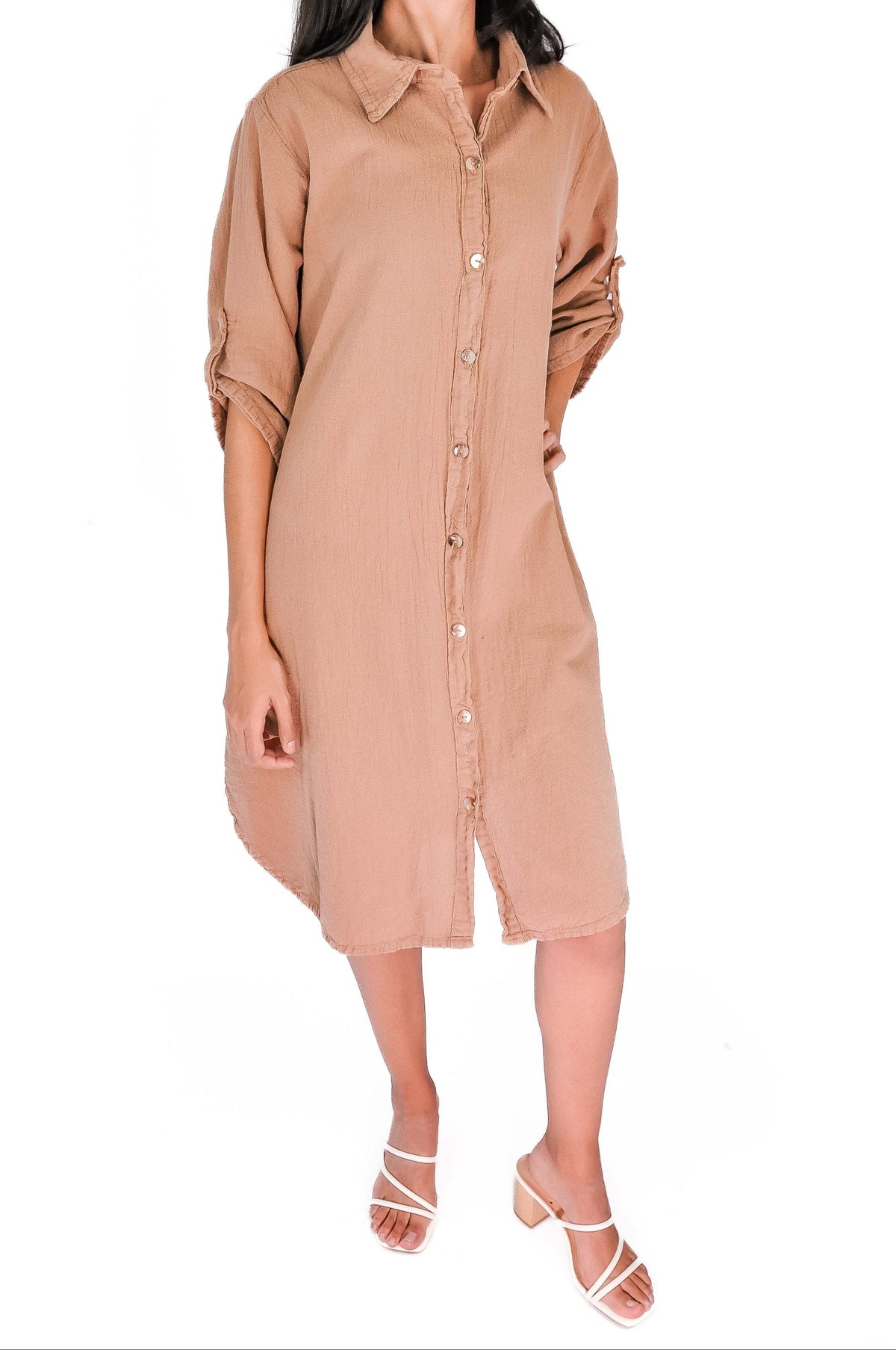 Rosewood cotton gauze tunic with pointed collar, button front, and 3/4 sleeves