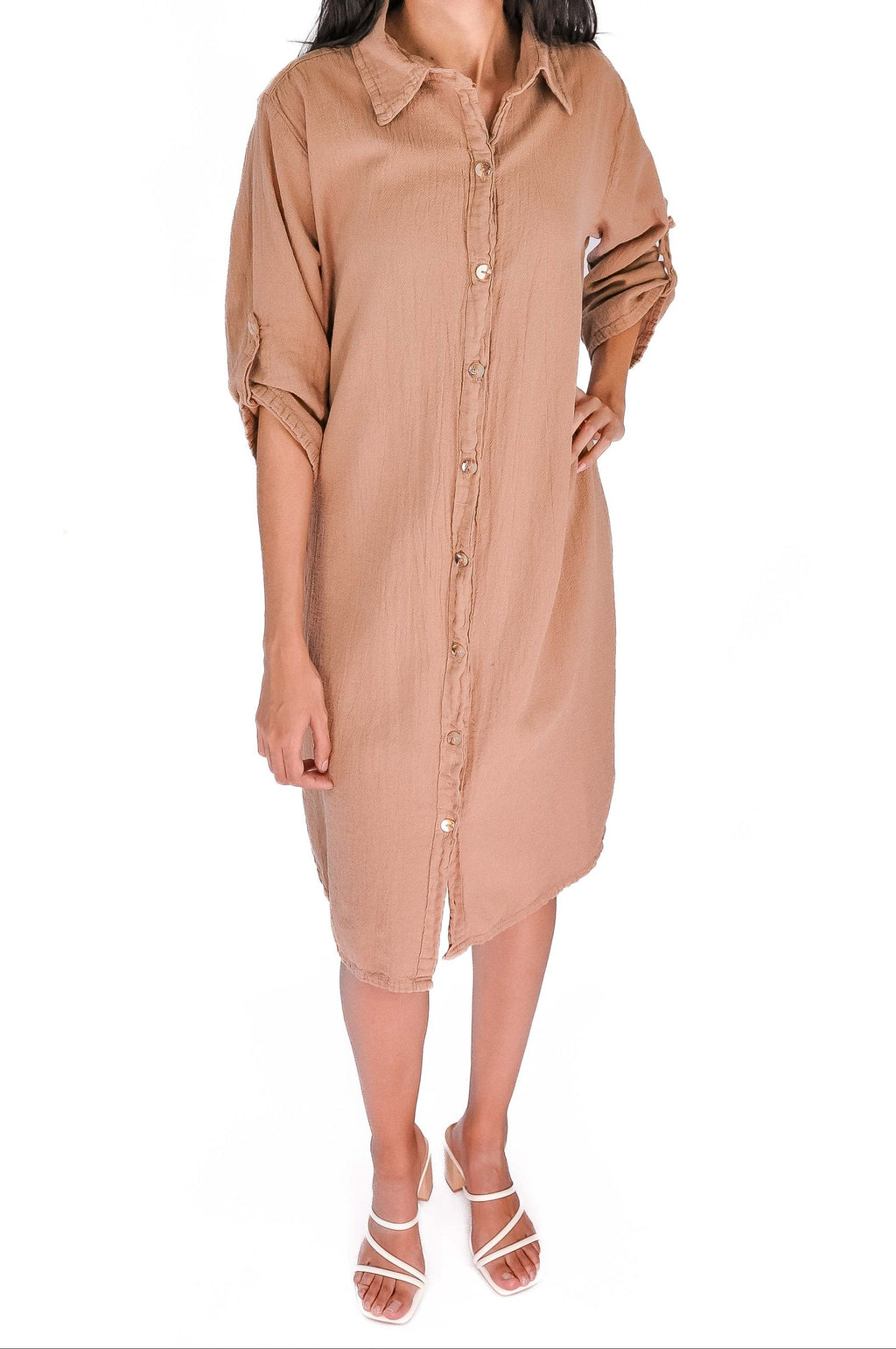 Dusty rose cotton gauze tunic with pointed collar and long button placket