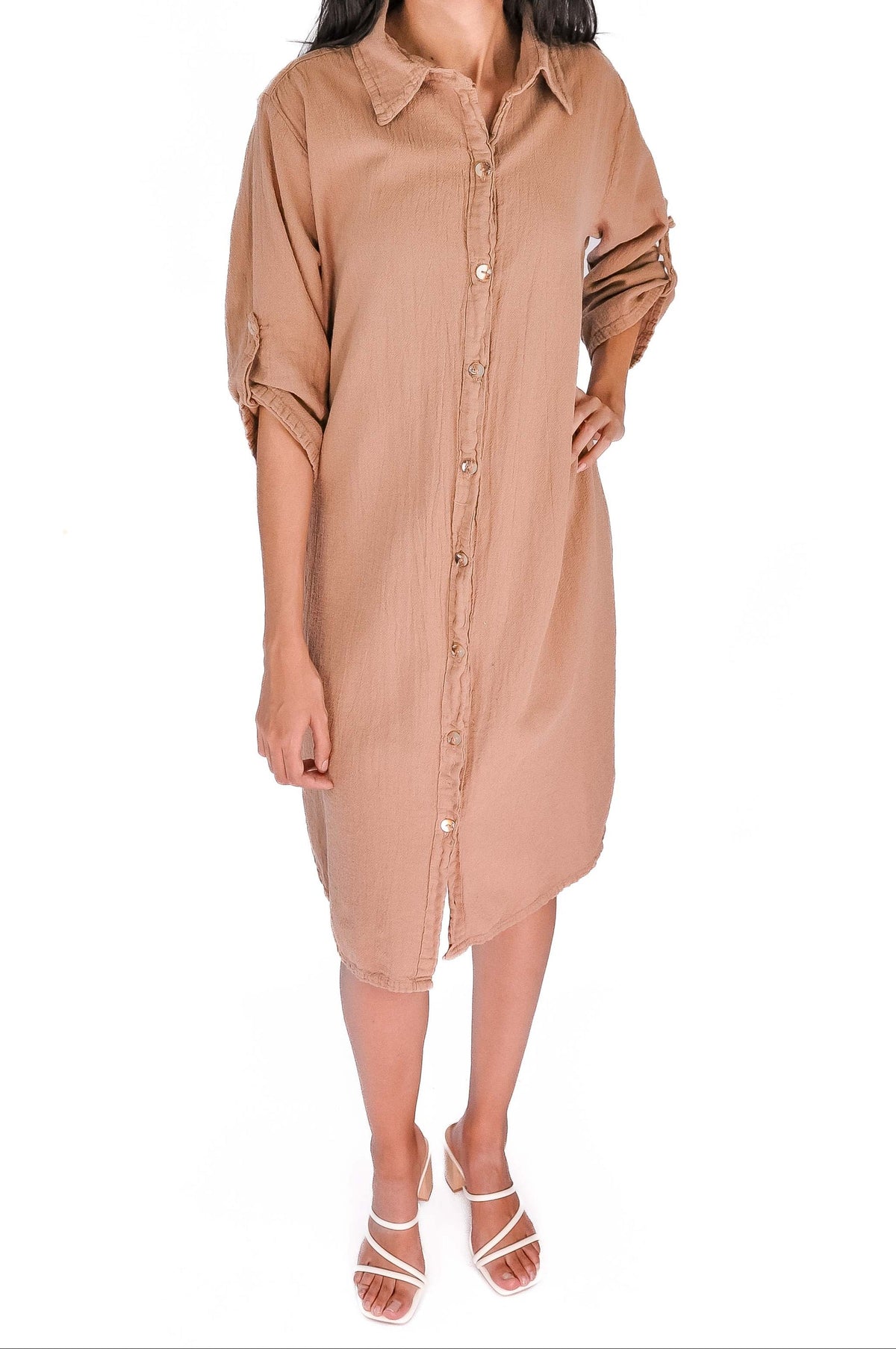 Dusty rose cotton gauze tunic with pointed collar and long button placket