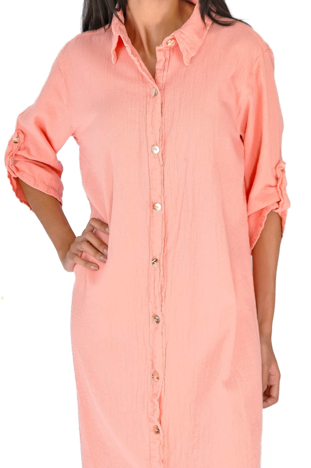 Coral pink cotton gauze tunic with pointed collar and button front