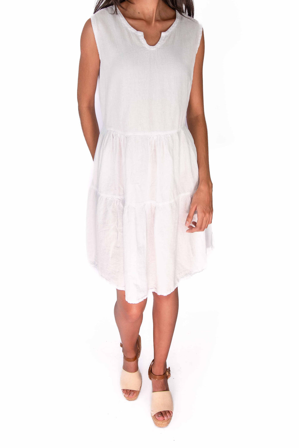 Anjanette white sleeveless cotton gauze tiered dress with V-neck