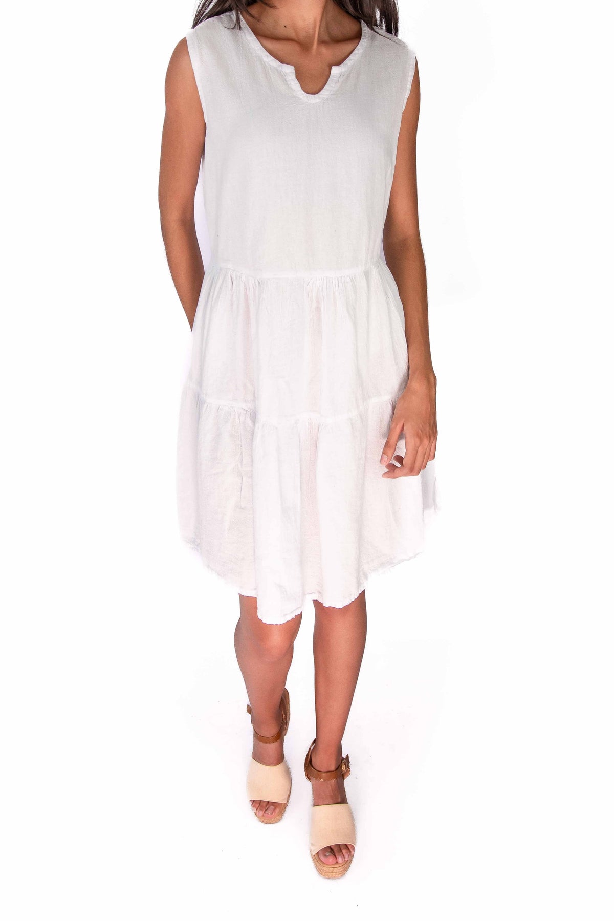 Anjanette white sleeveless cotton gauze tiered dress with V-neck