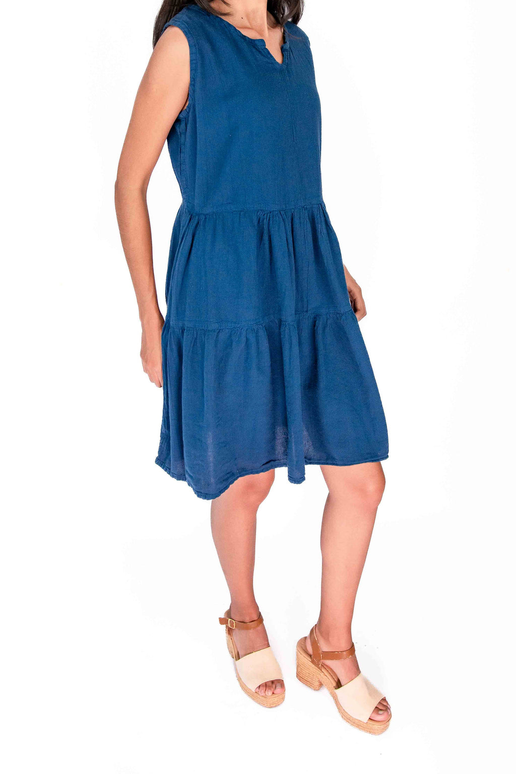 Anjanette blue sleeveless cotton gauze dress with V-neck and tiered skirt