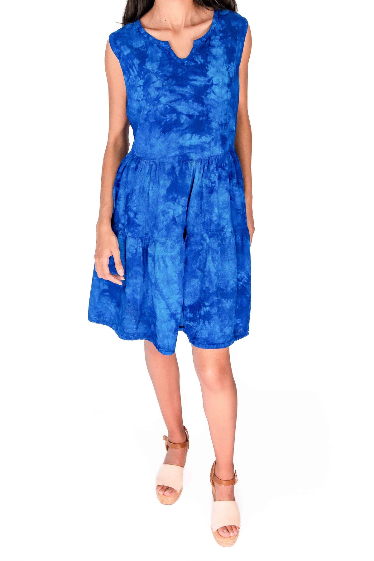 Anjanette cobalt blue sleeveless cotton gauze dress with V-neck and tiers