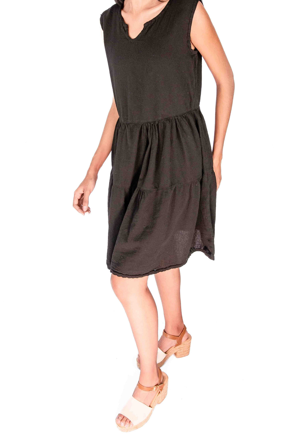 Anjanette black sleeveless cotton gauze dress with V-neck and tiered skirt
