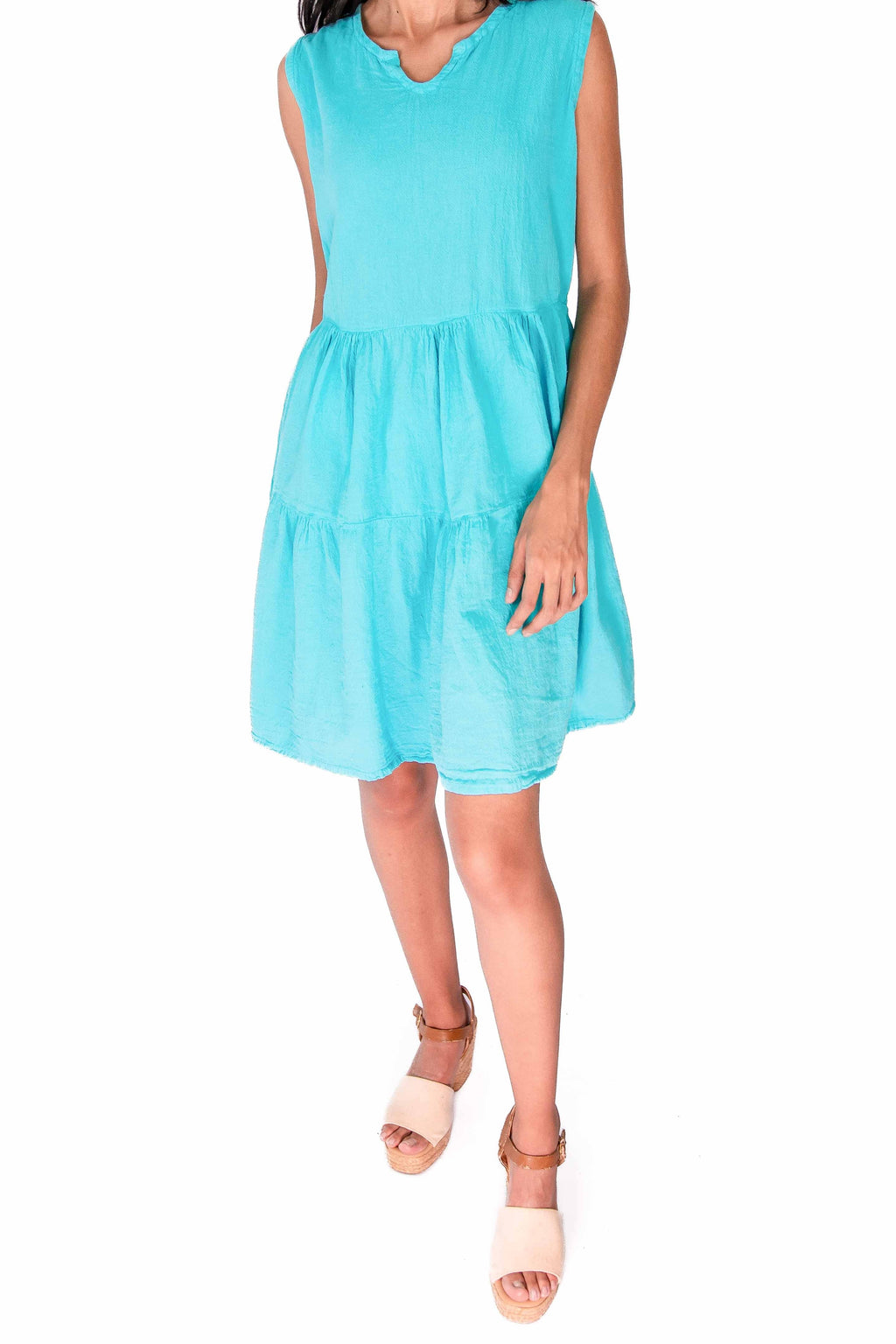 Anjanette light blue sleeveless cotton gauze dress with V-neck and tiered hem