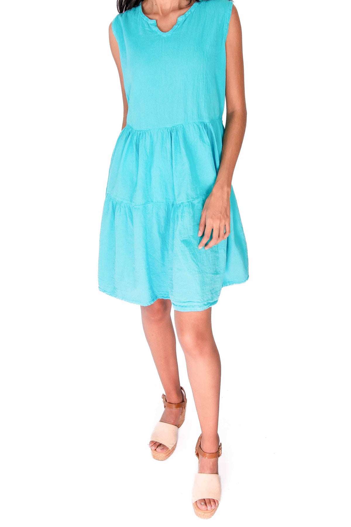 Anjanette light blue sleeveless cotton gauze dress with V-neck and tiered hem