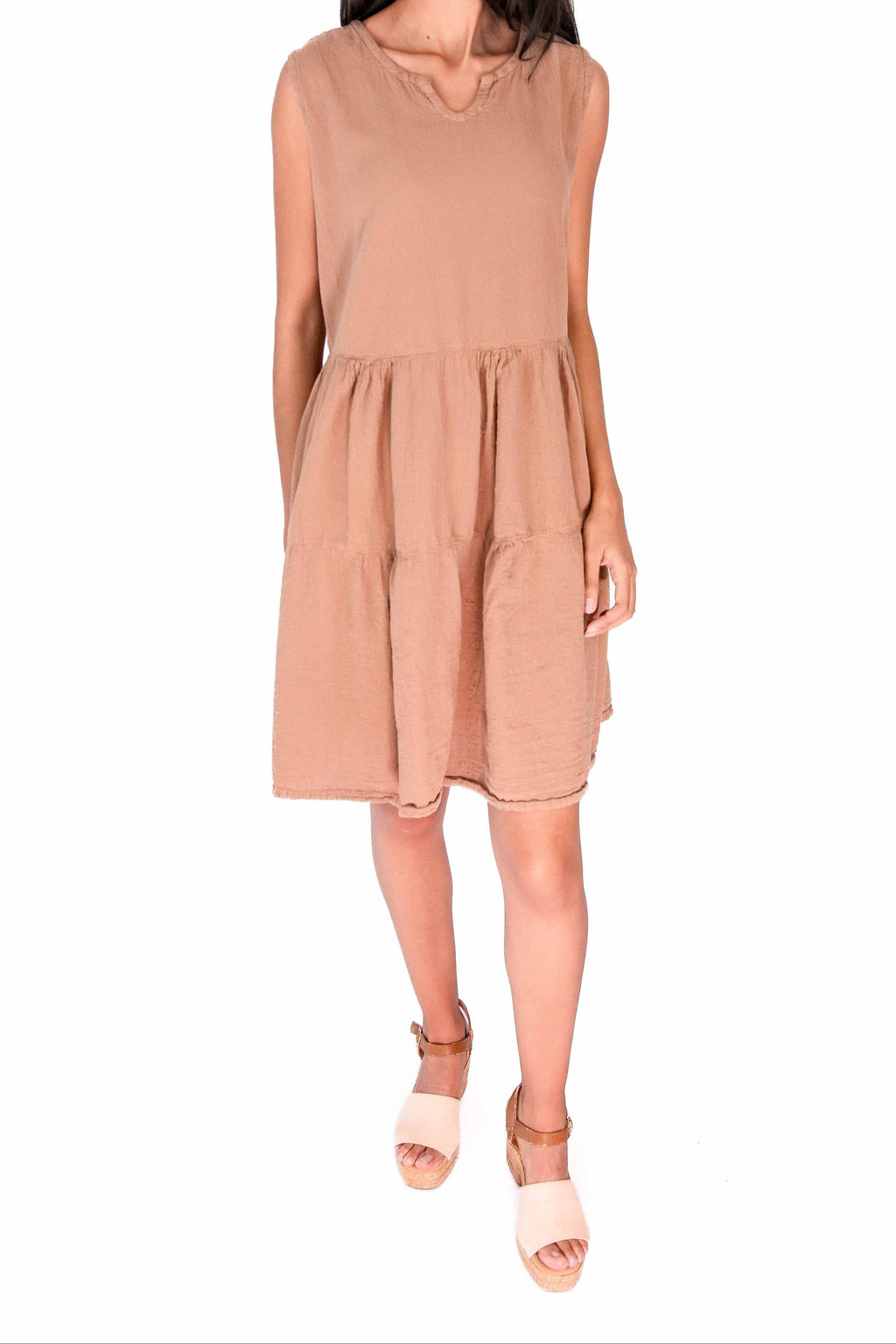 Anjanette dusty rose sleeveless cotton gauze dress with V-neck and tiers