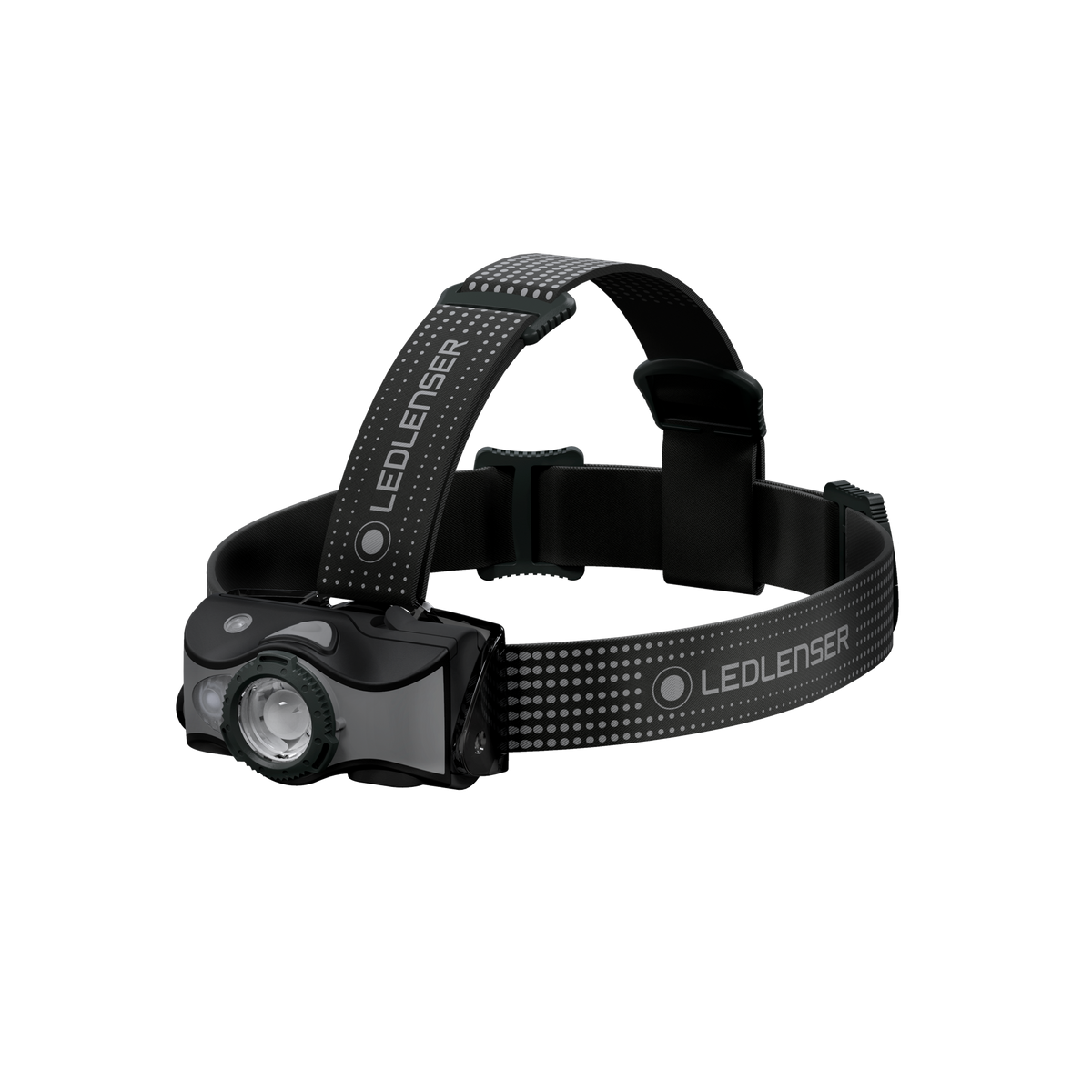 Black LEDLENSER headlamp with perforated strap and front spotlight