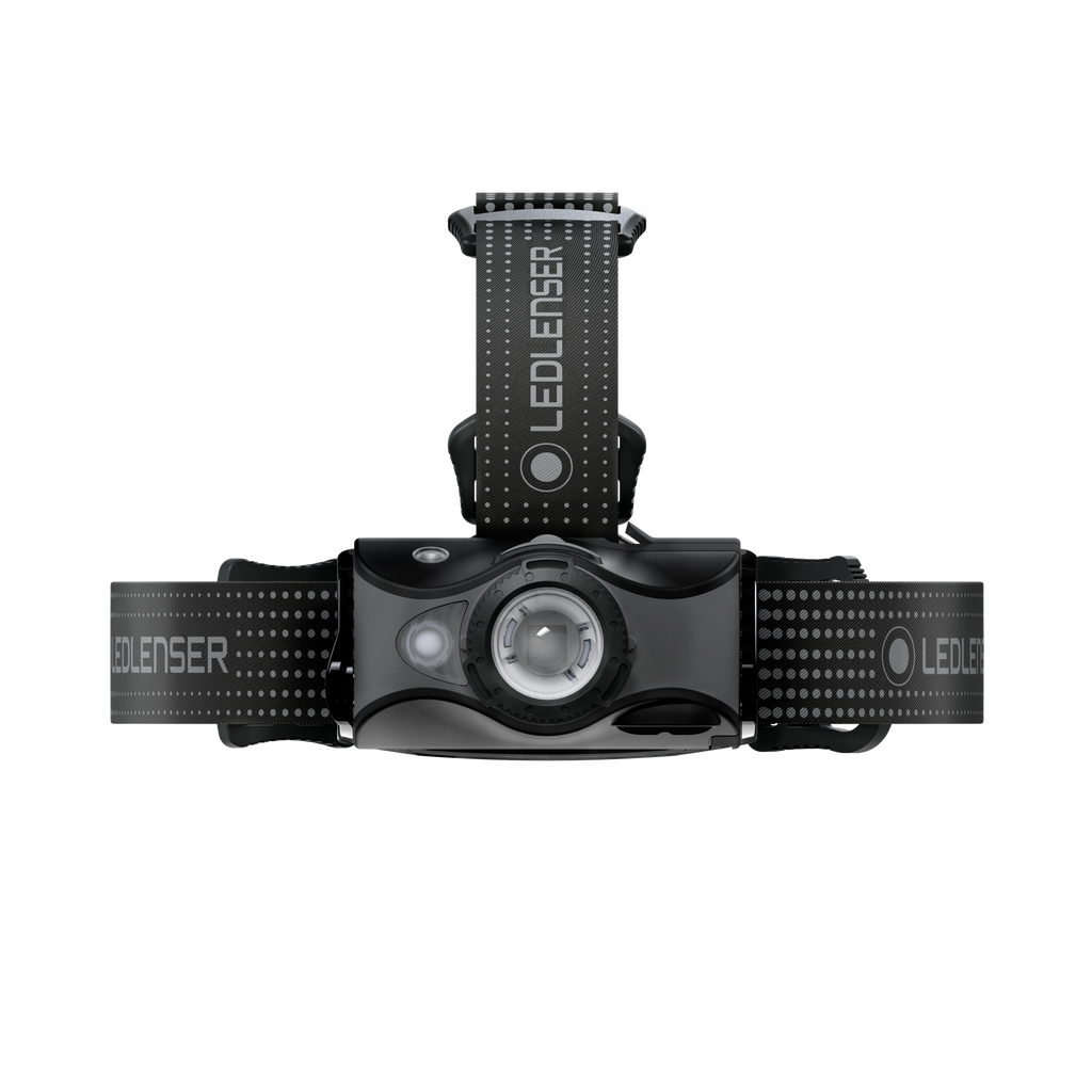 Front view of black LEDLENSER headlamp with dual light lens and headband