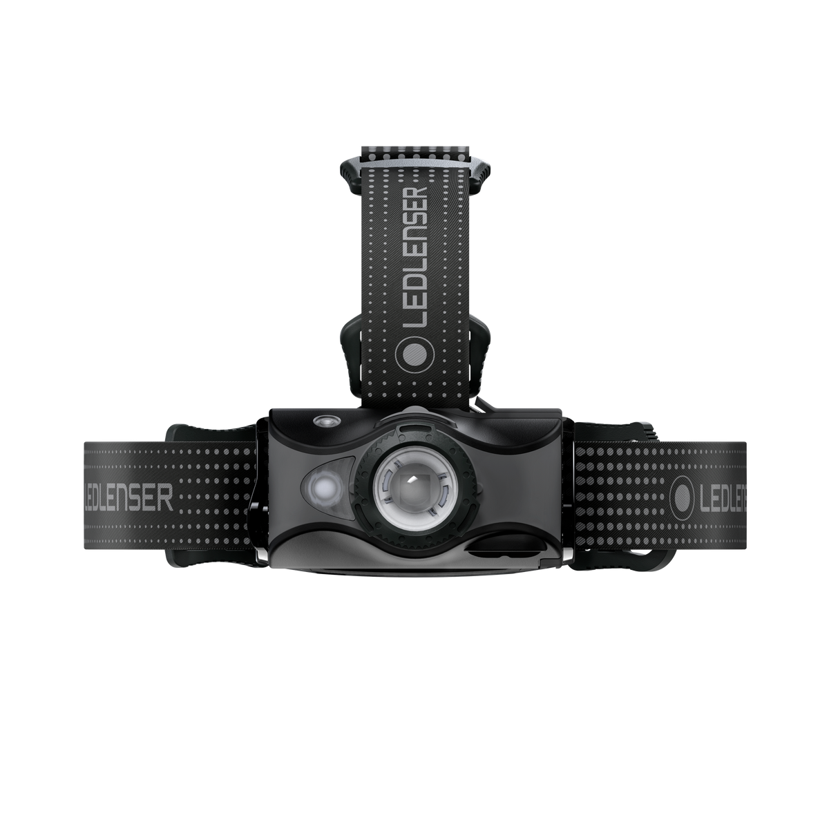 Front view of black LEDLENSER headlamp with dual light lens and headband