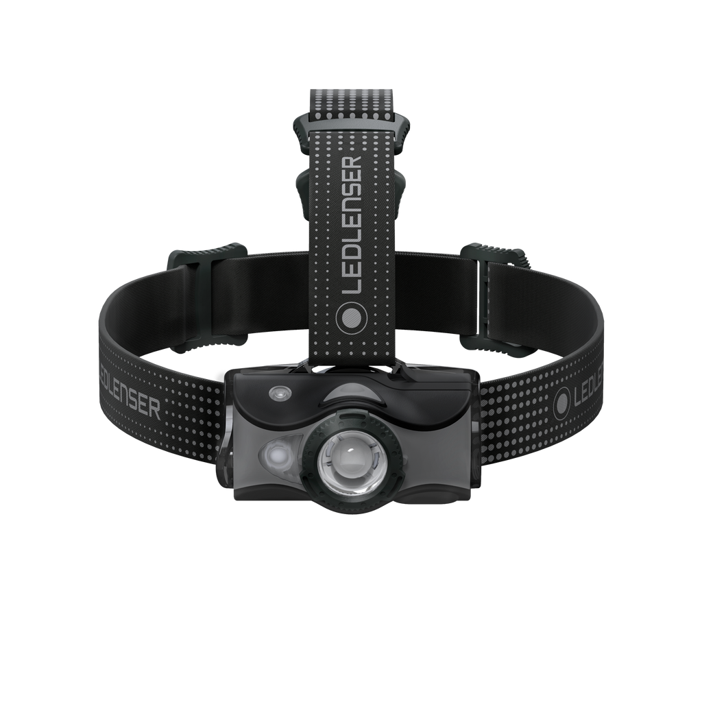 Black LEDLENSER headlamp on a curved headband with perforated strap