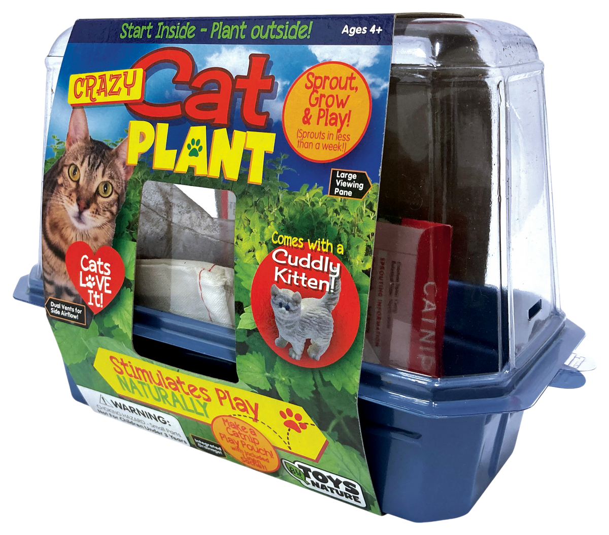 Crazy Cat Plant terrarium kit with clear dome, blue base, and colorful product sleeve