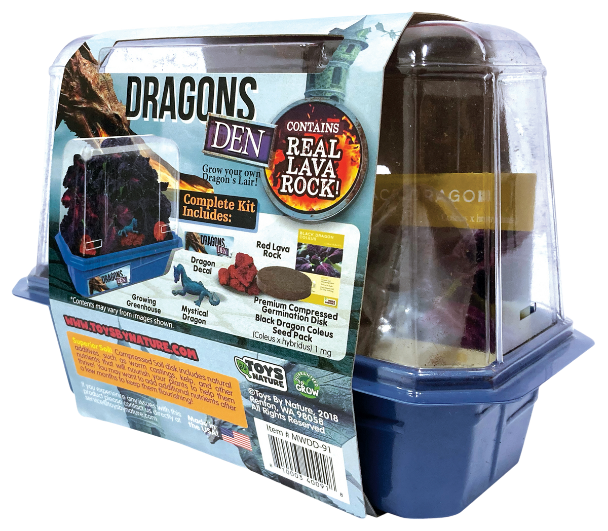 Dragon's Den terrarium kit packaging showing included lava rock and growing supplies