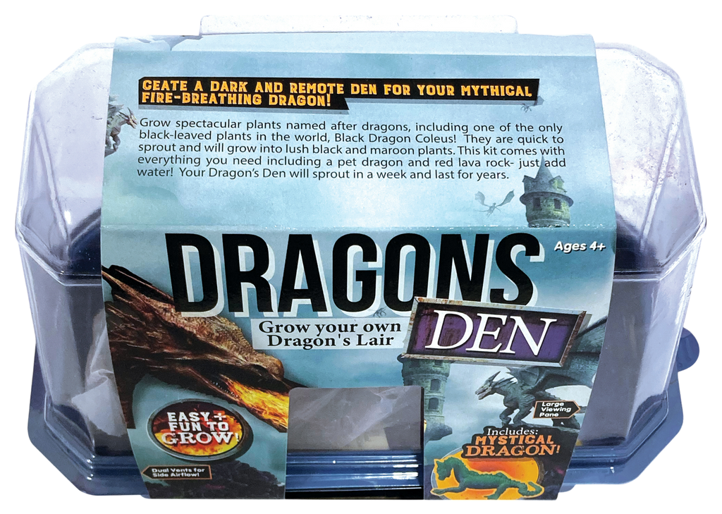Dragon's Den terrarium kit with top packaging panel describing plant-growing instructions